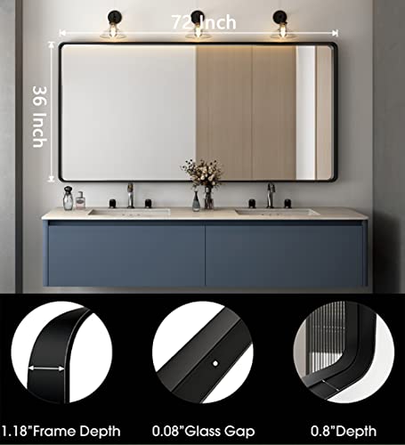 Okpal Black Metal Framed Bathroom Mirror 72” Round Corners, Rectangle Large Mirror Full Length 72 X 36(Horizontal/Vertical) #TOP1