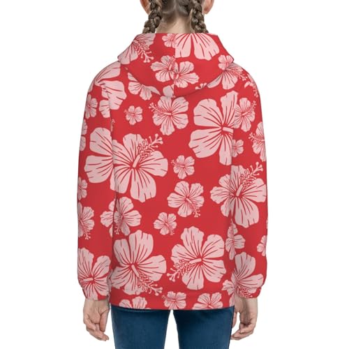 Red Hibiscus Flower Kids Pullover Hoodies Boys Sweatshirts Girls Athletic Clothes with Pocket4