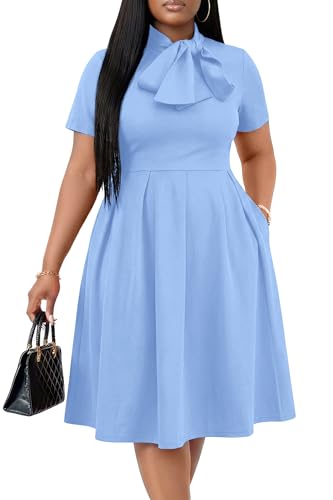 Image of FANDEE Midi Dress for Women Casual Short Sleeve A-line Semi Formal Fit and Flare Dress Classy Tie Neck Work Business Dresses