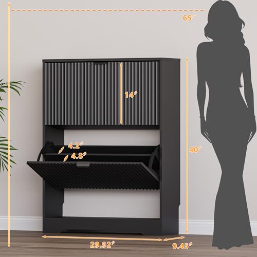 Image of BORNOON Shoe Cabinet with 2 Flip Drawers, Fluted Shoe Storage Cabinet with Adjustable Shelves, Freestanding Rack and Organizer for Entryway, Closet, Hallway