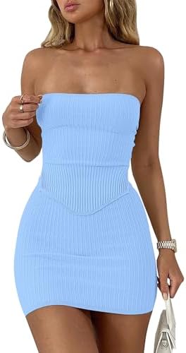 ANRABESS Women 2 Piece Skirt Sets Summer Strapless Crop Top Matching Bodycon Sexy Going Out Mini Club Dress Outfit Clothes