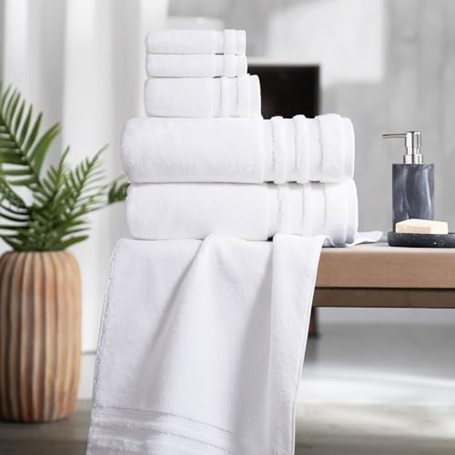 Image of MYTRIDENT Finesse 6 Piece Towel Set (2 Pc Bath Towels, 2 Pc Hand Towels, 2 Pc Face Towels), 625 GSM, Zero-Twist, Luxuriously Soft, 100% Cotton - White