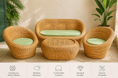 Image of 5 Seater Apple Sofa Set with Center Table | Handmade Bamboo & Cane Furniture for Living Room, Balcony, Garden & Office | Pre-Assembled Natural Rattan Seating Set