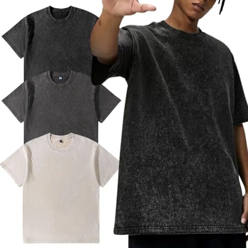 Herren Oversize T-Shirt 3er Pack Baumwolle Sommer Retro Washed Fashion Hip Hop Vintage Casual 3er Pack/Schwarz/Dunkelgrau/Aprikose Medium