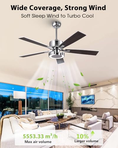 Image of 52 Inch Silver Ceiling Fans with Lights, Creative Modern Ceiling Fan and Remote for Bedroom Living Room with 3CCT, 6 Speeds, Quiet, Dual-Sided Reversible 5 Blades Indoor Outdoor Chandelier Fan