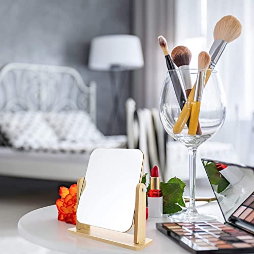 Image of Wooden Tabletop Makeup Mirror Vanity Table Stand Mirror Swivel Bamboo Mirror for Bedroom Bathroom Desk (Round, Framed) (1, Square)