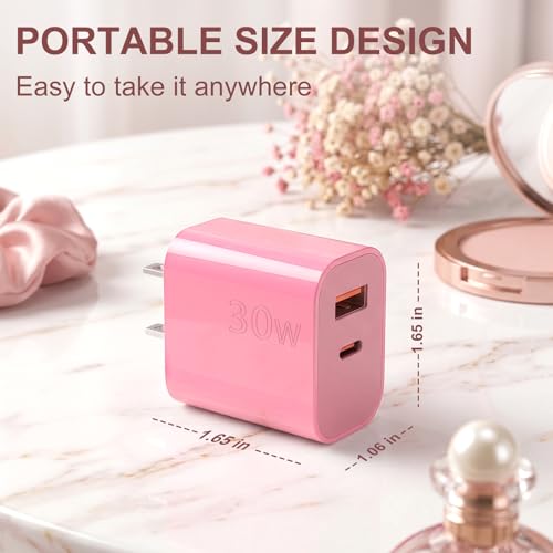 Image of Aolcev for iPhone Charger Fast Charging 2 in 1 USB A USB C Charger Block 30W Cute Type C Fast Charging Blocks for iPhone 17 16 15 14 13 for iPad USB C Charging Adapter for Galaxy S26 S25 Light Pink