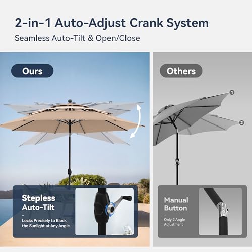 Image of PHI VILLA 10ft Outdoor Patio Umbrella for Outside, 3 Tier Vented Round Market Table Umbrella Windproof for Backyard, Deck, Garden, Beige & Tan(No Base)