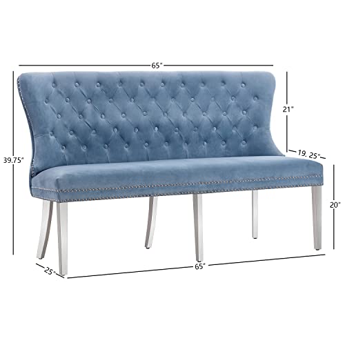 Udax Velvet Bench With Back, Upholstered Armless Couch Settee With Button Tufted Backrest Nailhead Around, Light Blue #TOP6