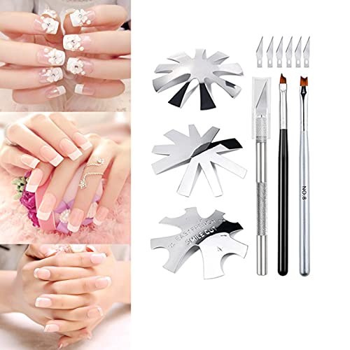 Dr.Pedi French Tip Nail Smile Line Cutter 11 Pieces Nails Tip Cutter 3 Pieces French Tip Nails French Nail TrimmerCutting Knife with 5 Blades and 2 Nail Brush
