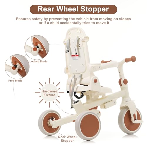 Image of 7 in 1 Baby Tricycle, Foldable Toddler Tricycle with Removable and Adjustable Parent Handle, Toddler Push Bike with Removable Pedal, Canopy, and Guardrail, Tricycle for 12-72 Months (Ivory)