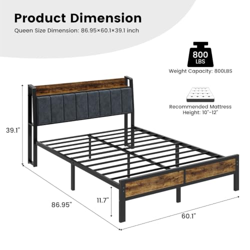 Image of Liians Queen Size Bed Frame with Storage Headboard, LED Lights | Charging Station, Heavy Duty, Metal Platform Bed, Noise Free, No Box Spring Needed