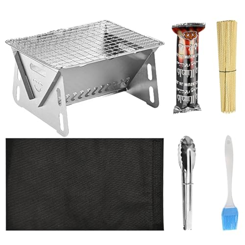 Barbecue pieghevole a carbonella, pieghevole, in acciaio inox, con spazzola, clip, bastoncini e blocchi di carbone, griglia pieghevole per viaggi, cortile, picnic,