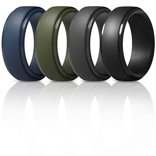 ThunderFit Men's Silicone Ring, Step Edge Rubber Wedding Band, 10mm Wide, 2.5mm Thick (Black, Dark Grey, Dark Blue, Dark Green, 8.5-9 (18.9mm))