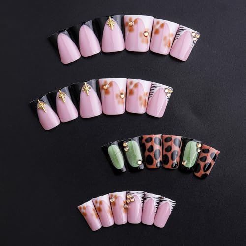 Image of Duck Press on Nails French Tip Fake Nails Leopard Print Glue on Nails with Rhinestone Design Glossy Full Cover Reusable Artificial Acrylic Star Stick on Nail for Women Manicure 24Pcs