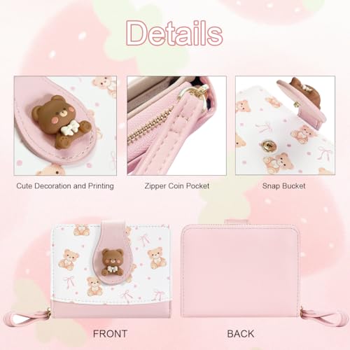 Image of Cute Print Wallet Blueberry Strawberry Cherry Wallet with Credit Card Holder Zipper Coin Purse for Women Girls (BEAR)