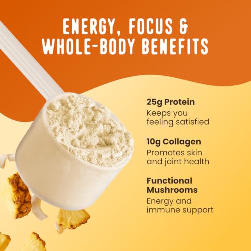 Image of FlavCity All in One Protein Shake Powder, Pineapple Coconut - On the Go Meal Alternative + Collagen Peptides, Reishi & Cordyceps - Focus, Skin, Hair & Joint Support - 100% Grass Fed Whey, 20 Servings
