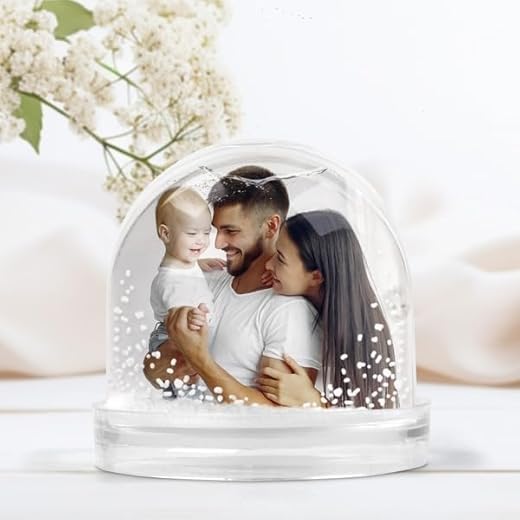 Transparent Gift Bola de Nieve Personalizada con Foto. Esfera con Copitos de Nieve para Navidad. Marco con Foto Favorita. Regalo Personalizado Original Familiares, Amigos o Pareja. Recuerdo Navideño