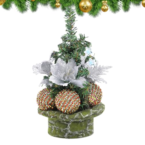 JINGLING Árbol de Navidad | 22 cm Adornos navideños - Con bolas y flores como árbol de Navidad | Para el hogar, oficina, cafetería, mesita de noche, sala de estar, estantería
