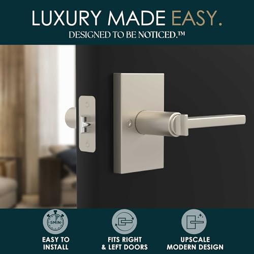 Image of Mega Handles Glamor Entry Lever & Lock Door Handle Set for Hallway, Closet and Bathroom, Heavy Duty Door Levers, Fits All Standard Door Sizes, Screws Included - Satin Nickel (1 Pack)