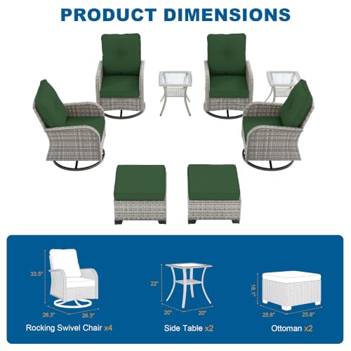 Image of 8-Piece Small Patio Furniture Set, Outdoor Swivel Rocking Chairs Set with Ottomans, Patio Bistro Set for Balcony, Deck, Porch, Dark Green