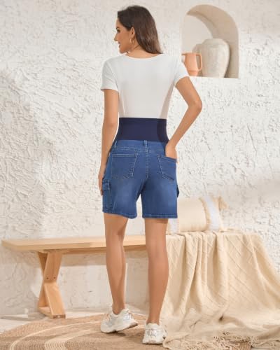 Image of PACBREEZE Women's Maternity Jean Shorts Over Belly Stretch Denim Shorts Trendy Summer Pregnancy Clothes