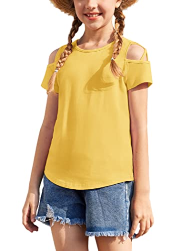 Greatchy Girl's Casual Big Kids Short Sleeve Summer Cute Plain Cotton Casual Tees Shirt Tops With Cold Shoulder #TOP13