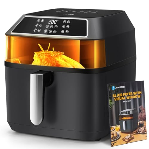Aigostar Zane - Friggitrice ad aria da 8 Litri e 1700W con ampia finestra di visualizzazione. 12 impostazioni di menu preimpostate, comandi luminosi, touch screen LED, con ricettario, BPA FREE