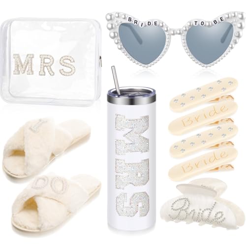 9 Pcs Bride to Be Gifts Set Include 20 oz Stainless Steel Tumbler, I Do Slippers, Makeup Bag, Claw Clip, Heart Sunglasses, 4 Tiny Hair Clip for Wedding Bridal Shower Bachelorette Party(White)