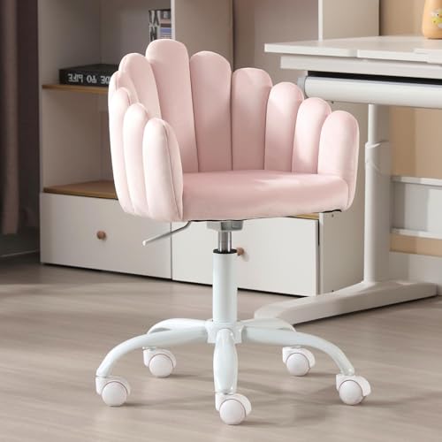 DUOMAY Kids Desk Chair, Swivel Computer Chair for Boys and Girls, Velvet Upholstered Kids Study Chair, Cute Height Adjustable Arm Chair with Wheels for Child, Pink