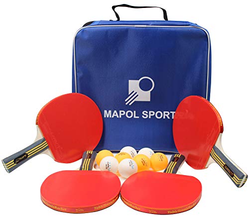 Mapol Quality Ping Pong Paddle Set - 4 Professional Table Tennis Rackets/Paddles - 8 Premium 3-Star Balls, Portable Cover Case Holder Included #TOP1