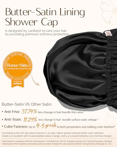 Yanibest Satin Lined Shower Cap for Women Reusable Waterproof, Frizz Free & Large Bath Cap with Soft Elastic Band, Luxury Hair Protection Caps (Black) - Image 4