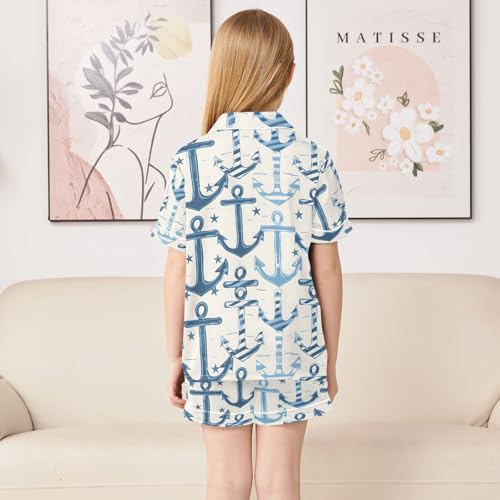 ALAZA Anchor Star Blue Pajamas Satin Pajama Set Short Sleeve Button Down Sleepwear4
