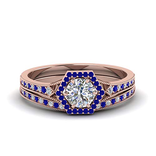 Image of Choose Your Gemstone Vintage Hexagon Halo Bridal Ring Set Rose Gold Plated Round Shape Wedding Ring Sets Matching Jewelry Wedding Jewelry Easy to Wear Gifts US Size 4 to 12