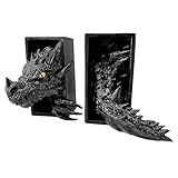 Dragon Bookshelf Decor Gothic Fantasy Bookends Black Animal Statues for Shelves Book Lovers Gifts Unique Resin Shelf Holder Set (10"*6.1"*4.9") Home Office Decorative