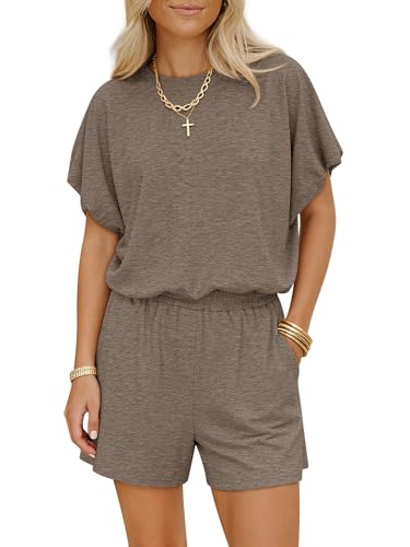 COCCKO Womens Short Sets 2 Piece Outfits Puff Sleeve Tops and Elastic Waist Shorts Lounge Set Casual Loungewear Khaki M — view 2