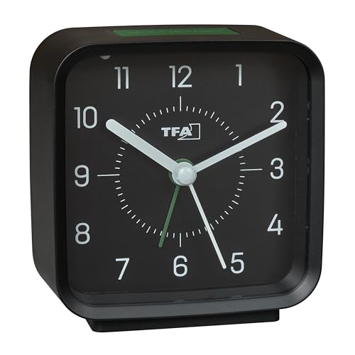 TFA Dostmann Despertador analógico 60.1044 con Mecanismo de Barrido, Alarma de Alarma, fácil de Leer, para mesita de Noche, Moderno, Incluye luz, función de repetición, Color Negro y Verde