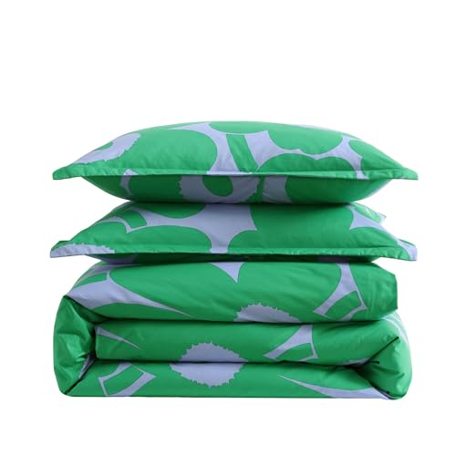 Image of MARIMEKKO - Queen Duvet Cover Set, Soft Cotton Bedding for Year Round Comfort, 3 Piece Floral Bed Set with Matching Pillowcases (Unikko Green)
