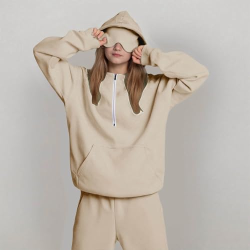 DDAPJ pyju Hoodies for Girls Half Zip Pullover Long Sleeve Comfy Fleece Sweatshirts Travel Hoodie with Eye Mask Built In2
