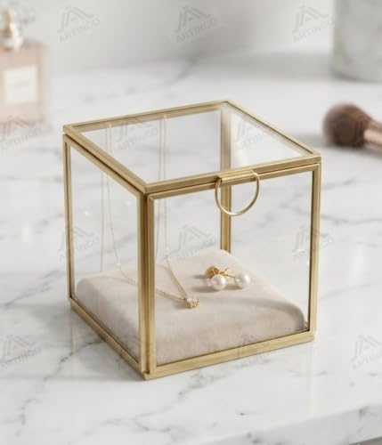 Image of Art India Collections Home Decor Glass Brass Storage Box Decoration, Golden Decorative Glass Brass Box 4x4 inch, Showers