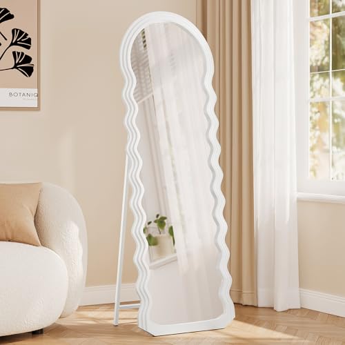 SONGMICS Miroir Complet, 160 x 50 cm, Miroir sur Pied Pleine Longueur Ondulé Irrégulier avec Support, Cadre en MDF, pour Chambre, Salon, Entrée, Blanc Nuage LFM027W01