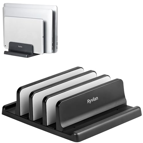 Ryvlan Vertical Laptop Stand, 3 Slot Adjustable Laptop Storage Rack and Desk Organizer, Silicone-Padded Holder for Multiple Devices Storage, Compatible Stand for Tablets and Devices up to 17 Inches