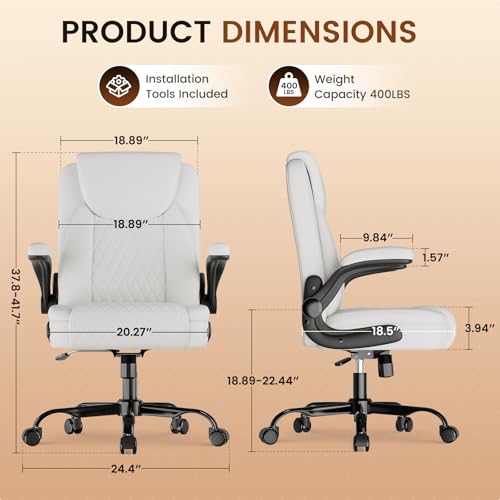 Image of GTPLAYER Leather Office Chair, Home Desk Chair with Flip-up Arms and Ergonomic Back - Comfy Heavy Duty Executive Chair for Home Office Gaming, White