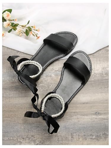 GORGLITTER Women's Bow Pearl Flat Sandals Ankle Strap Lace Up Open Toe Dressy Slides Shoes2