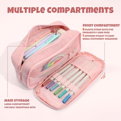 Image of SUNEE Pencil Case, Large Capacity Pencil Pouch, Aesthetic Big Pen Bag, Soft Corduroy Pen Box for Office Stationery Organizer School Supplies Multifunctional for Teen Boys Girls Women Men, Soft Pink