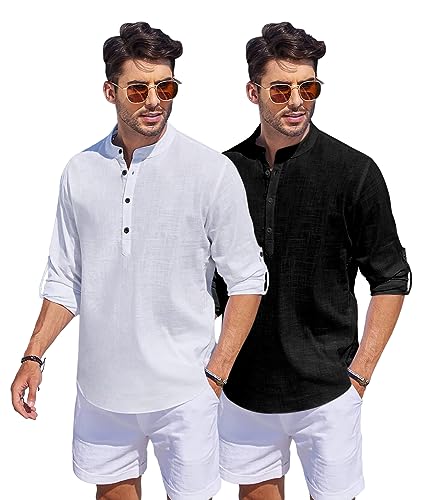 Image of Bellstone Men's Cotton Blend Straight Kurta Shirt Combo with Mandarin Collar - Slim Fit Casual Short Kurti Set Featuring Textured Slub Fabric and Roll-Up Full Sleeves