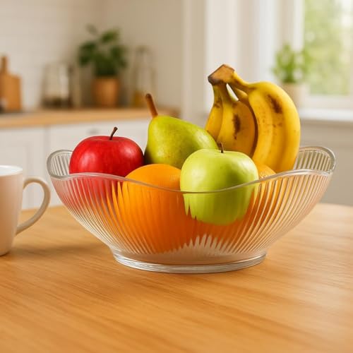 Image of BUNTYCHIKU Fruit Storage Basket for Dining Table - Acrylic Transparent Ribbed Wavy Edge Serving Bowl for Salad, Fruits & Snacks, Multipurpose Heavy Fruit Baskets for Home Kitchen & Restaurant [ 1PCS ]