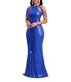 Cololura Women Sexy Elegant Sequin Tassel Off Shoulder Halter Bodycon Maxi Dress Party Evening Gown Formal Dress Blue