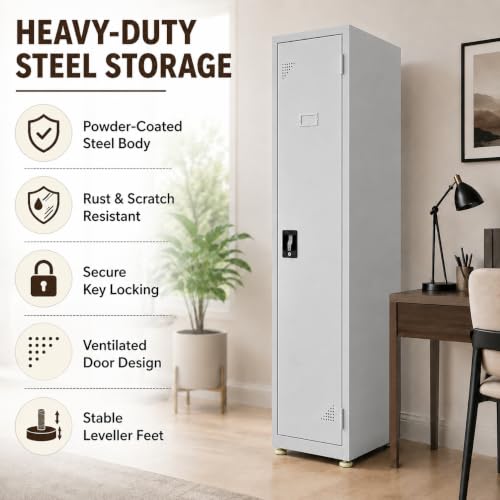 Image of Amazon Brand - Solimo Single Door Steel Locker Cabinet with 4 Shelves & Hanging Rod | Lockable Metal Storage Cupboard for Home, Office, Gym, School & Factory | Powder Coated, Grey
