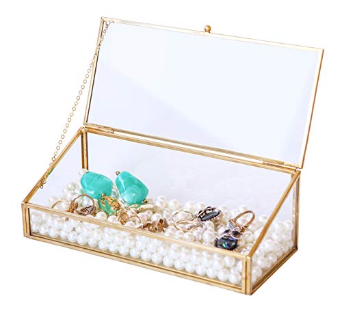 Utopz Golden Glass Jewelry Box, Cosmetic Display Box Clear Glass Jewel Case Makeup Organizers, Lidded Treasure Box Perfect for Desktop, Dresser, Bathroom and Home Decor, Gold Brass Edge, Trapezoid